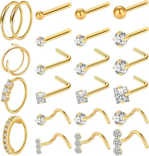 ONESING 23-40 Pcs Gold Nose Rings & Studs - 18G & 20G Nose Piercing Jewelry - L Shape, Hoop & Screw Body Jewelry for Women & Men
