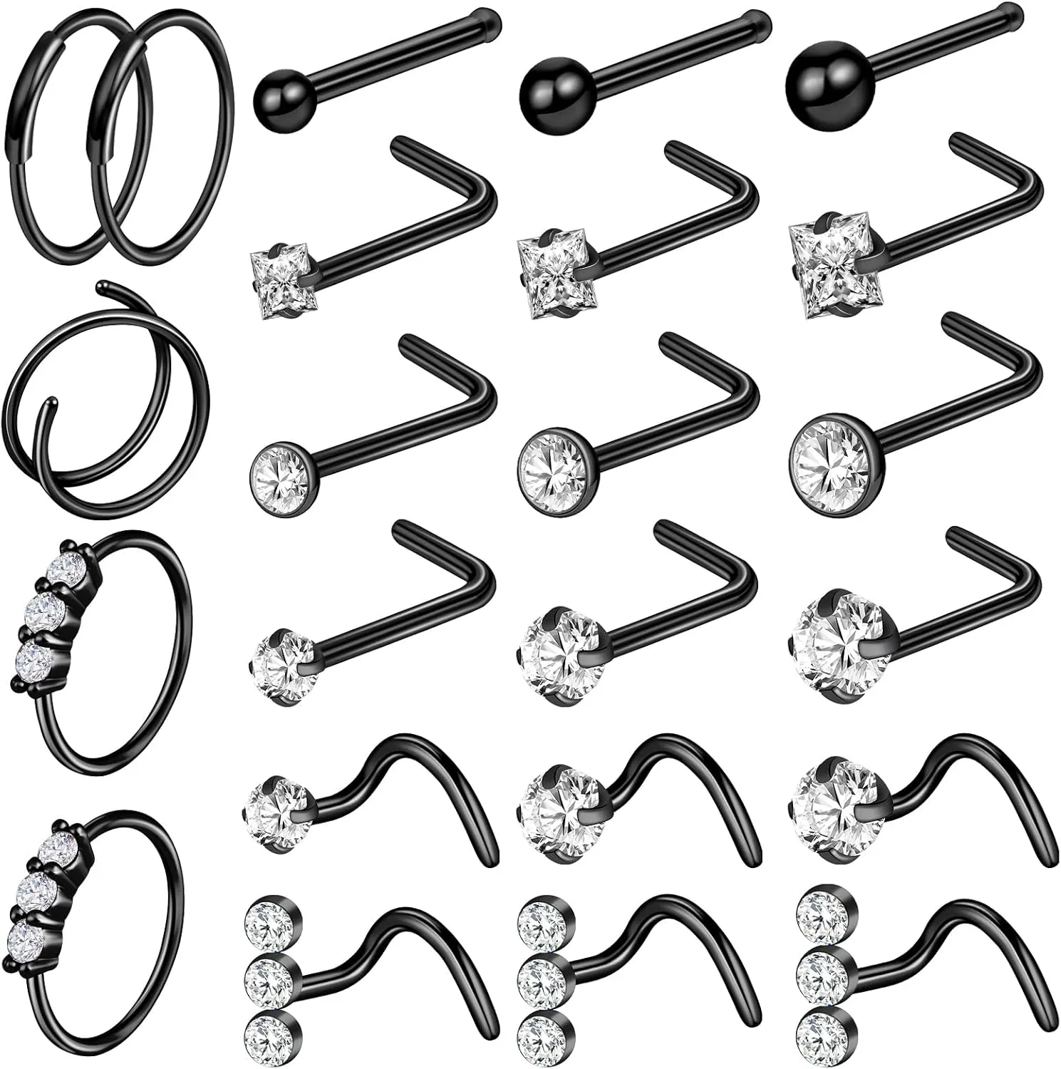 ONESING 35-70 PCS 18G 20G Nose Rings for Women & Men - Gold Hoops, L Shape, Studs & Screw - 316L Surgical Stainless Steel