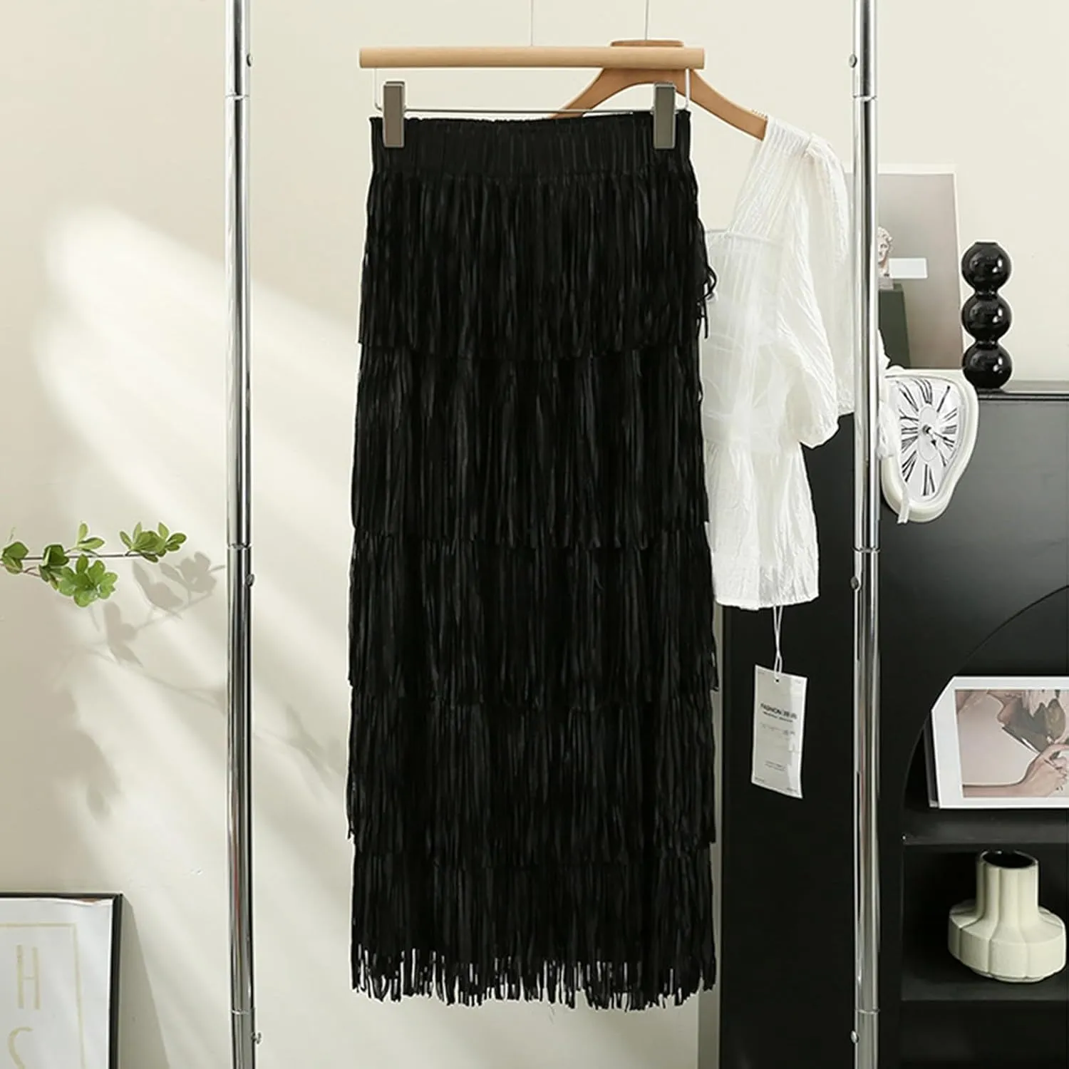 Oplxuo Women's Fringe Trim High Waist Long Skirts, Sexy Elegant Tiered Fringe Maxi Skirt High Waist Evening Party Work Skirt