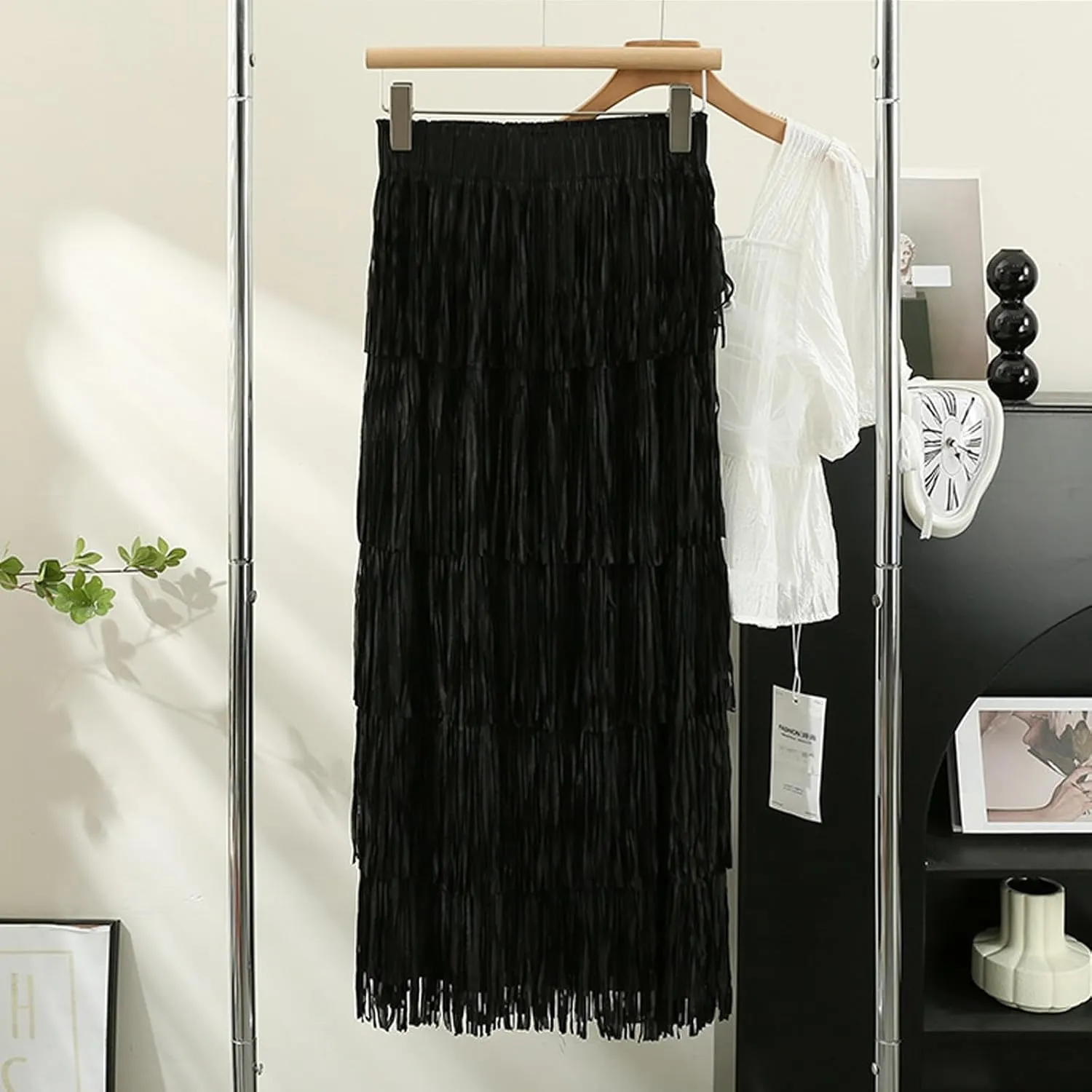 Oplxuo Women's Fringe Trim High Waist Long Skirts, Sexy Elegant Tiered Fringe Maxi Skirt High Waist Evening Party Work Skirt