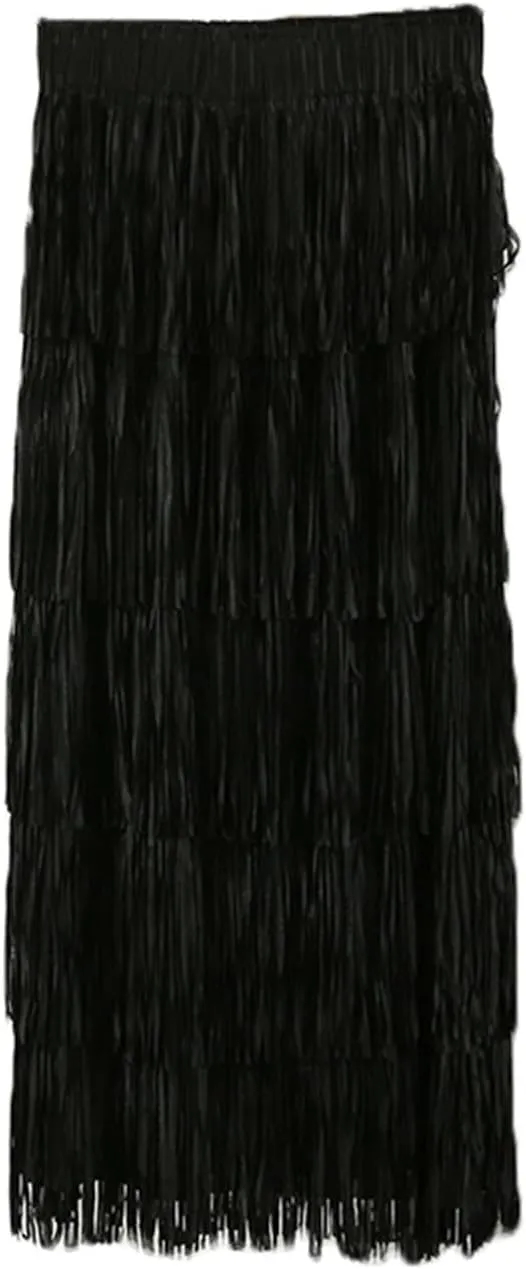Oplxuo Women's Fringe Trim High Waist Long Skirts, Sexy Elegant Tiered Fringe Maxi Skirt High Waist Evening Party Work Skirt
