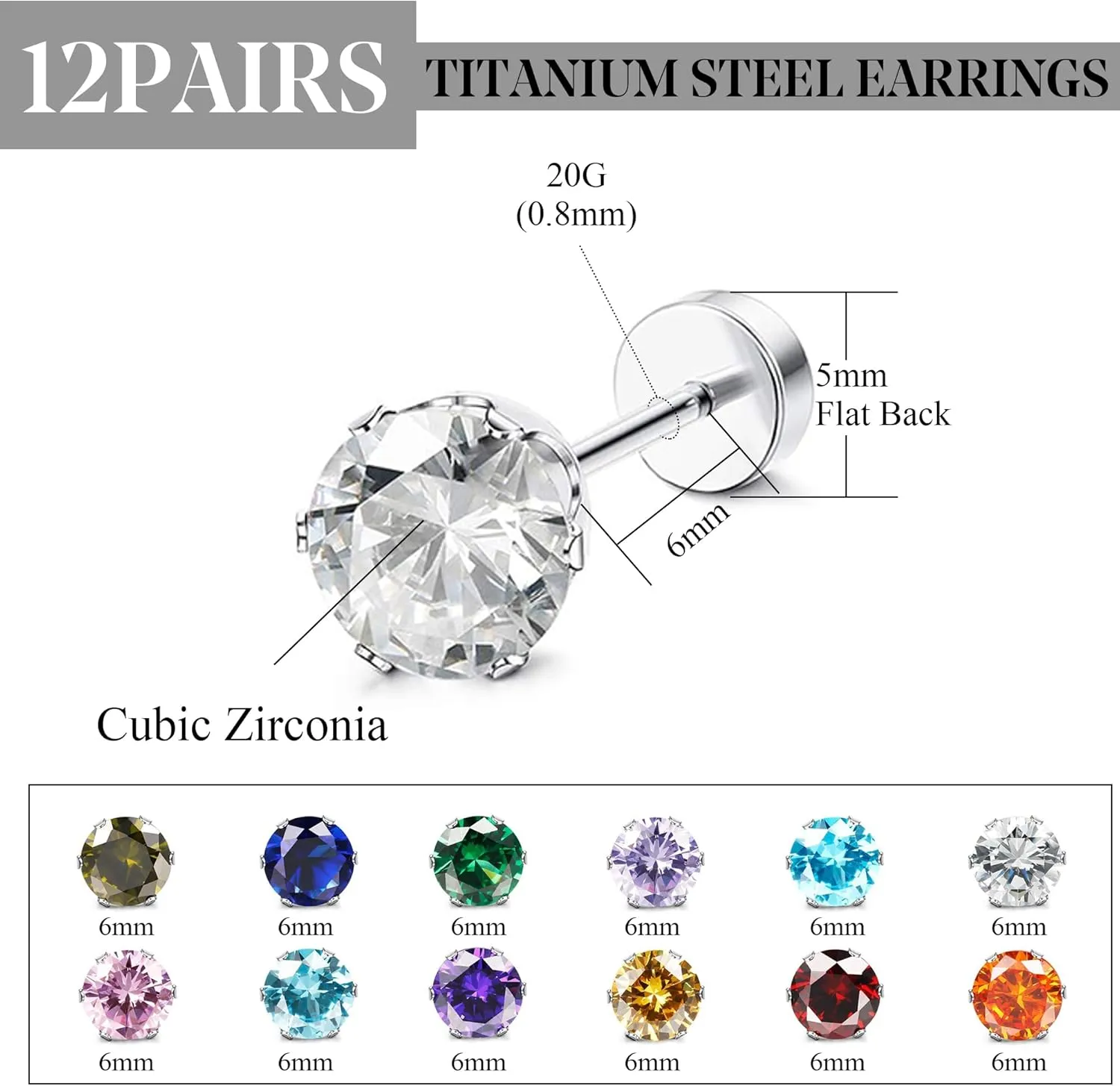 ORAZIO CZ Stud Earrings for Women Men Stainless Steel Cubic Zirconia Screwback Earrings Set