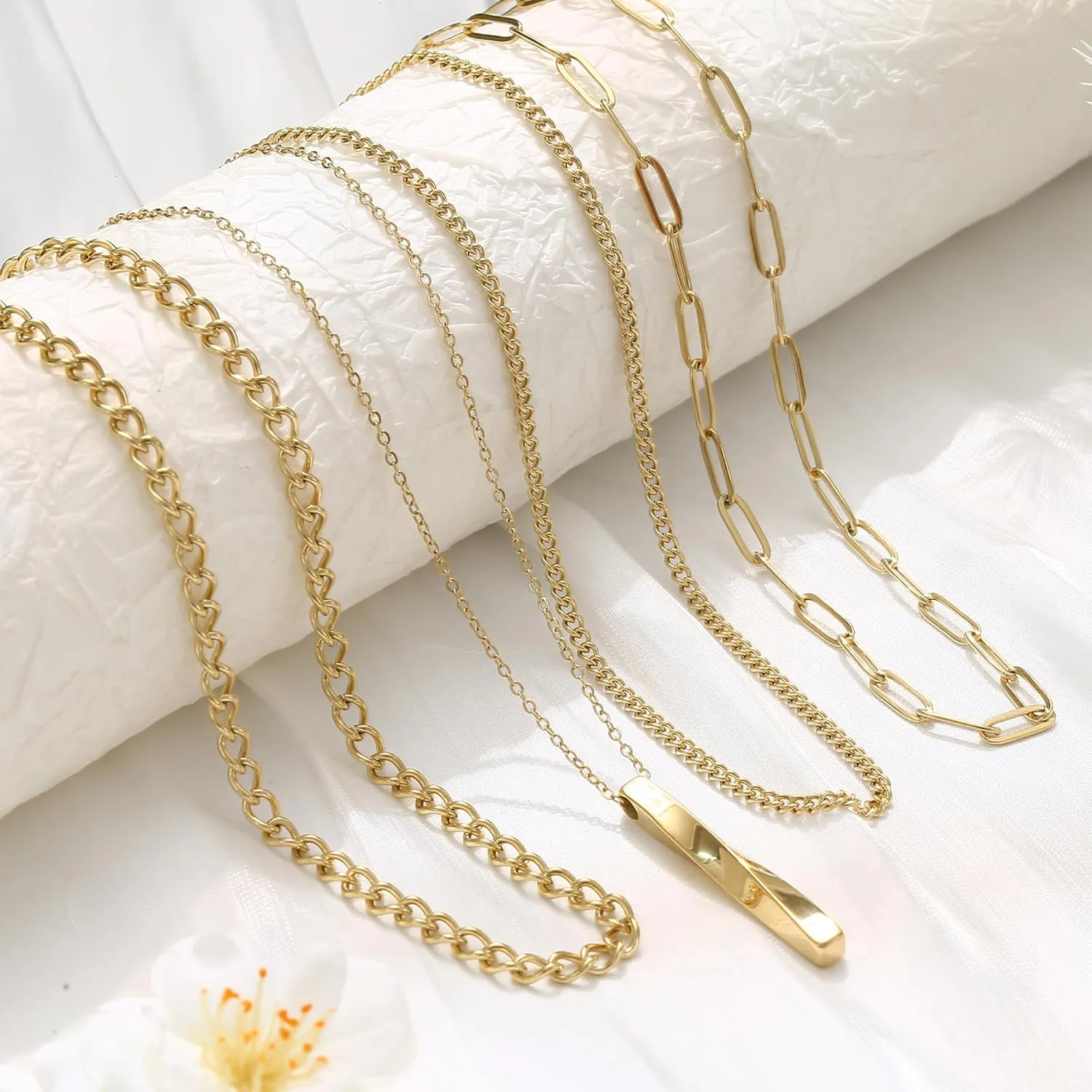 ORAZIO Layered Necklaces for Women,14K Gold Plated/Silver Stacked Necklaces for Women,Dainty Pearl Paper Clip Chain Pendant Choker Necklace Set Cute CZ Stackable Womens Necklaces Trendy Gold Y Necklace Jewelry Set Gift