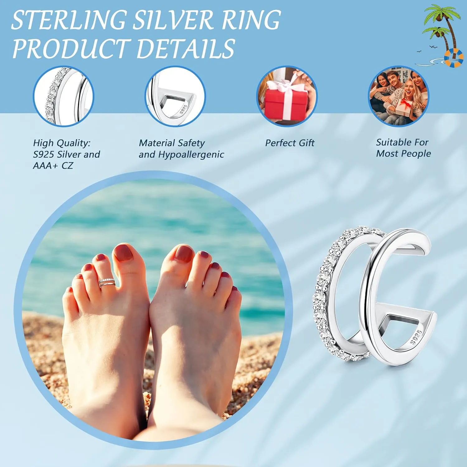 ORAZIO Toe Rings for Women,925 Sterling Silver Toe Rings Adjustable Toe Rings - CZ Flower Cross Twist Knot Opal Toe Ring Cuff - Open Womens Toe Rings Stylish Beach Band Ring Nail Rings Foot Jewelry for Summer