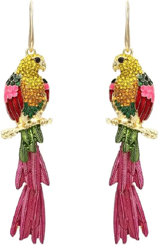 Parrot Earrings for Women, Cute Bird Parrot Tassel Earrings for Womens, Rainbow Parrot Branch Dangle Earrings Hypoallergenic, Sterling Silver, No Gemstone