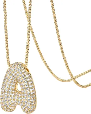 PAVOI 14K Gold Plated Cubic Zirconia Bubble Letter Initial Necklaces for Women | Gold Balloon Necklace Letter | Chunky Pendant Necklaces