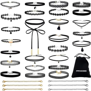 PAXCOO 32 PCS Choker Necklaces Set Including 26 Pcs Black Choker Necklaces and 6 Pcs Extender Chains for Women Ladies