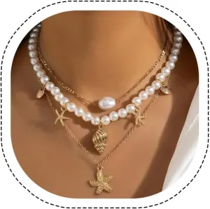 Pearl Necklace Layered Necklaces Beach Necklaces Starfish Pendent Conch Pearl Choker Necks Gold Layered Jewelry Set for Women