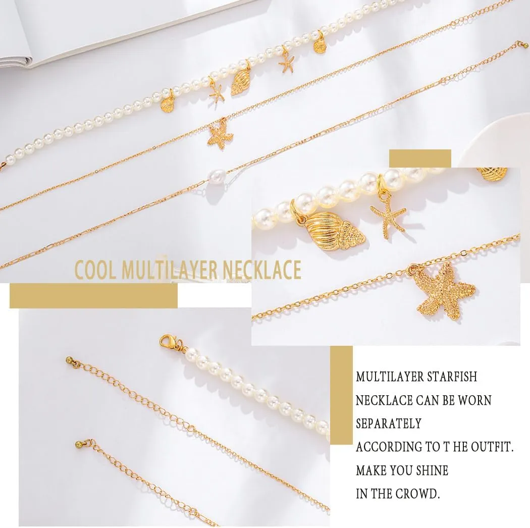 Pearl Necklace Layered Necklaces Beach Necklaces Starfish Pendent Conch Pearl Choker Necks Gold Layered Jewelry Set for Women