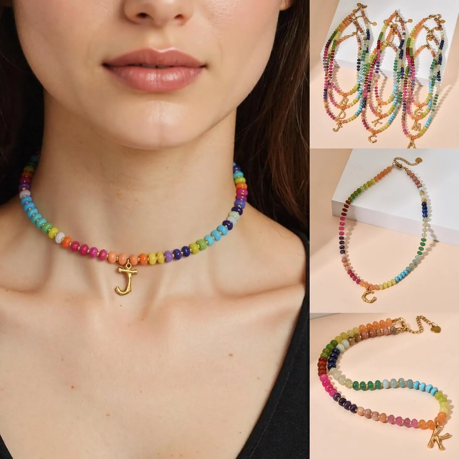 Personalized Colorful Beaded Initial Necklaces for Women Boho Summer Beach Stone Letter Choker Necklace