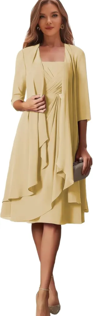 Petite Mother of The Bride Dresses Beach Wedding Chiffon Gold Formal Evening Gown with Sleeves Size 2