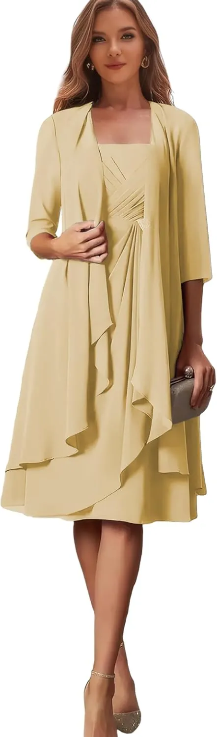 Petite Mother of The Bride Dresses Beach Wedding Chiffon Gold Formal Evening Gown with Sleeves Size 2