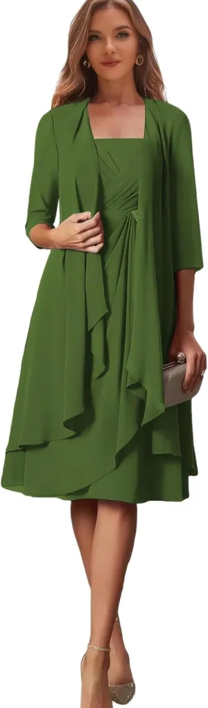 Petite Mother of The Bride Dresses Beach Wedding Chiffon Olive Green Formal Evening Gown with Sleeves Size 2