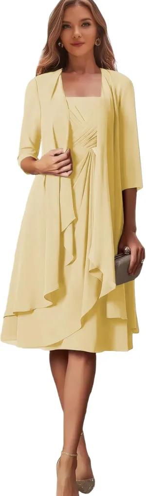 Petite Mother of The Bride Dresses Beach Wedding Chiffon Yellow Formal Evening Gown with Sleeves Size 2