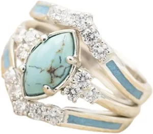 Pingyongchang 3 PCS Ring Set Natural Turquoise Diamond Rings Silver Color Rings for Women Jewelry Sparkling Natural Gemstone