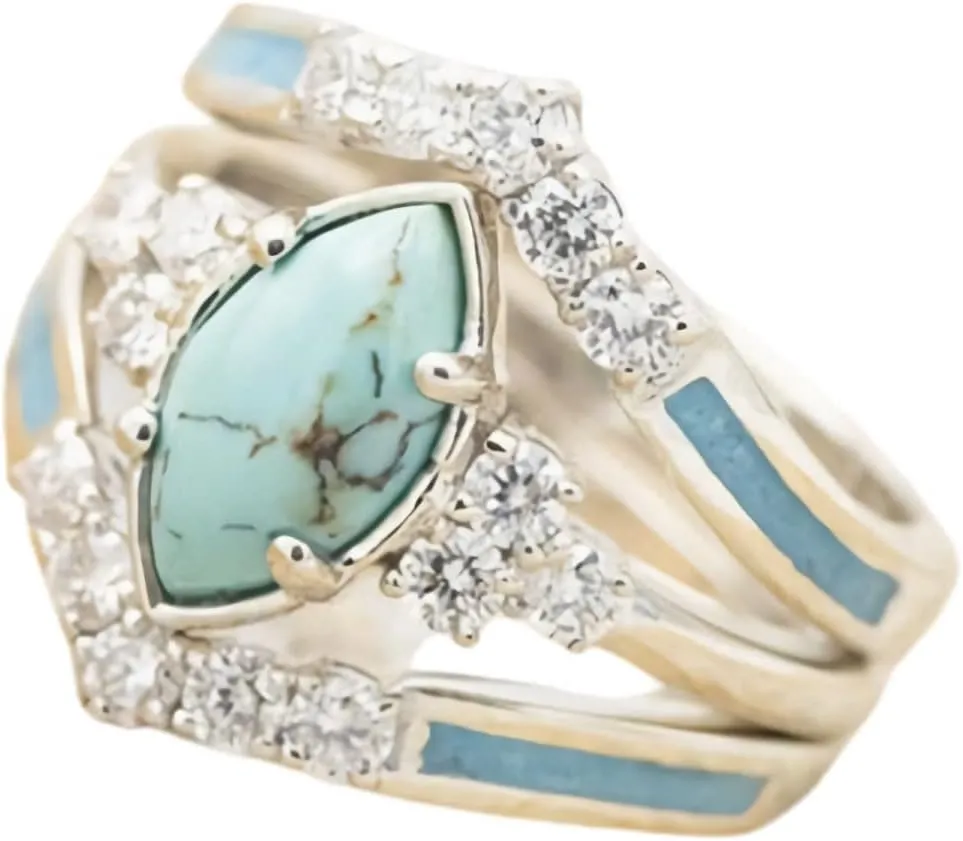 Pingyongchang 3 PCS Ring Set Natural Turquoise Diamond Rings Silver Color Rings for Women Jewelry Sparkling Natural Gemstone