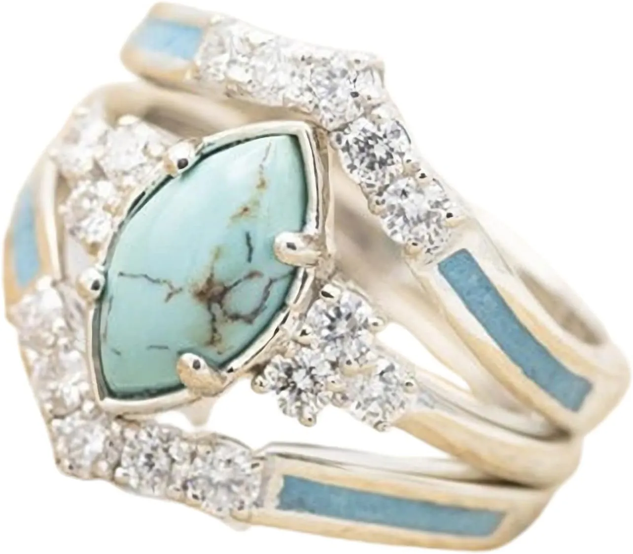 Pingyongchang 3 PCS Ring Set Natural Turquoise Diamond Rings Silver Color Rings for Women Jewelry Sparkling Natural Gemstone