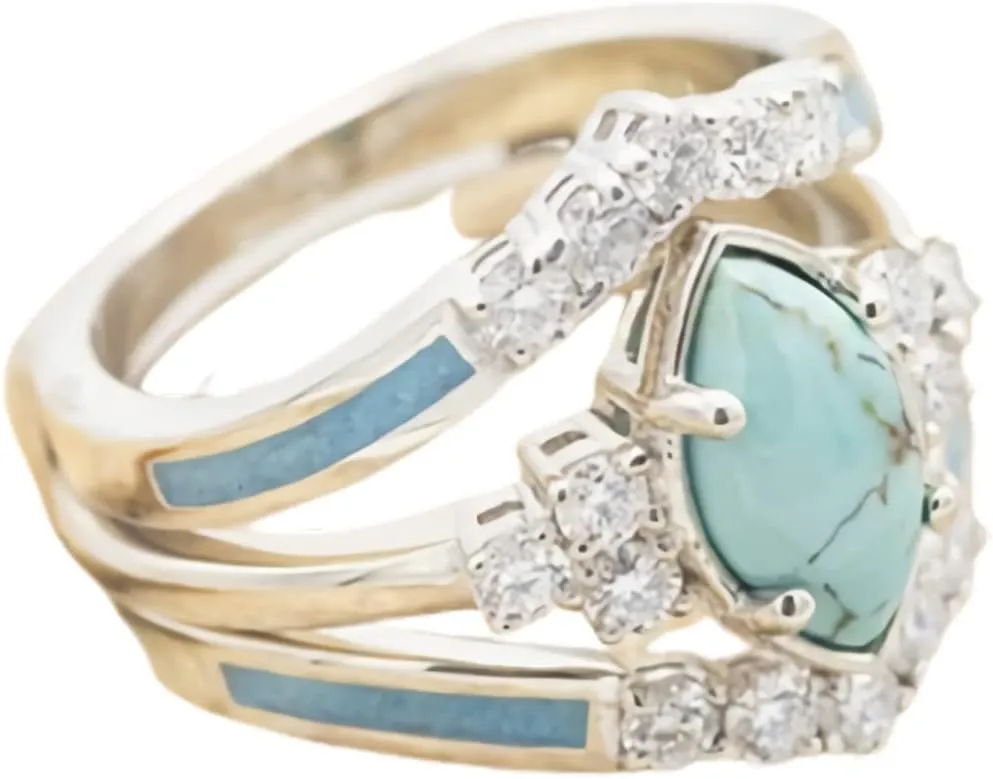 Pingyongchang 3 PCS Ring Set Natural Turquoise Diamond Rings Silver Color Rings for Women Jewelry Sparkling Natural Gemstone