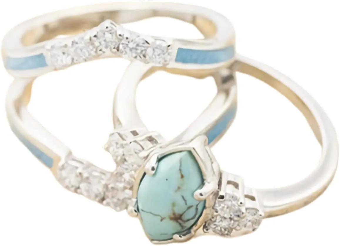 Pingyongchang 3 PCS Ring Set Natural Turquoise Diamond Rings Silver Color Rings for Women Jewelry Sparkling Natural Gemstone