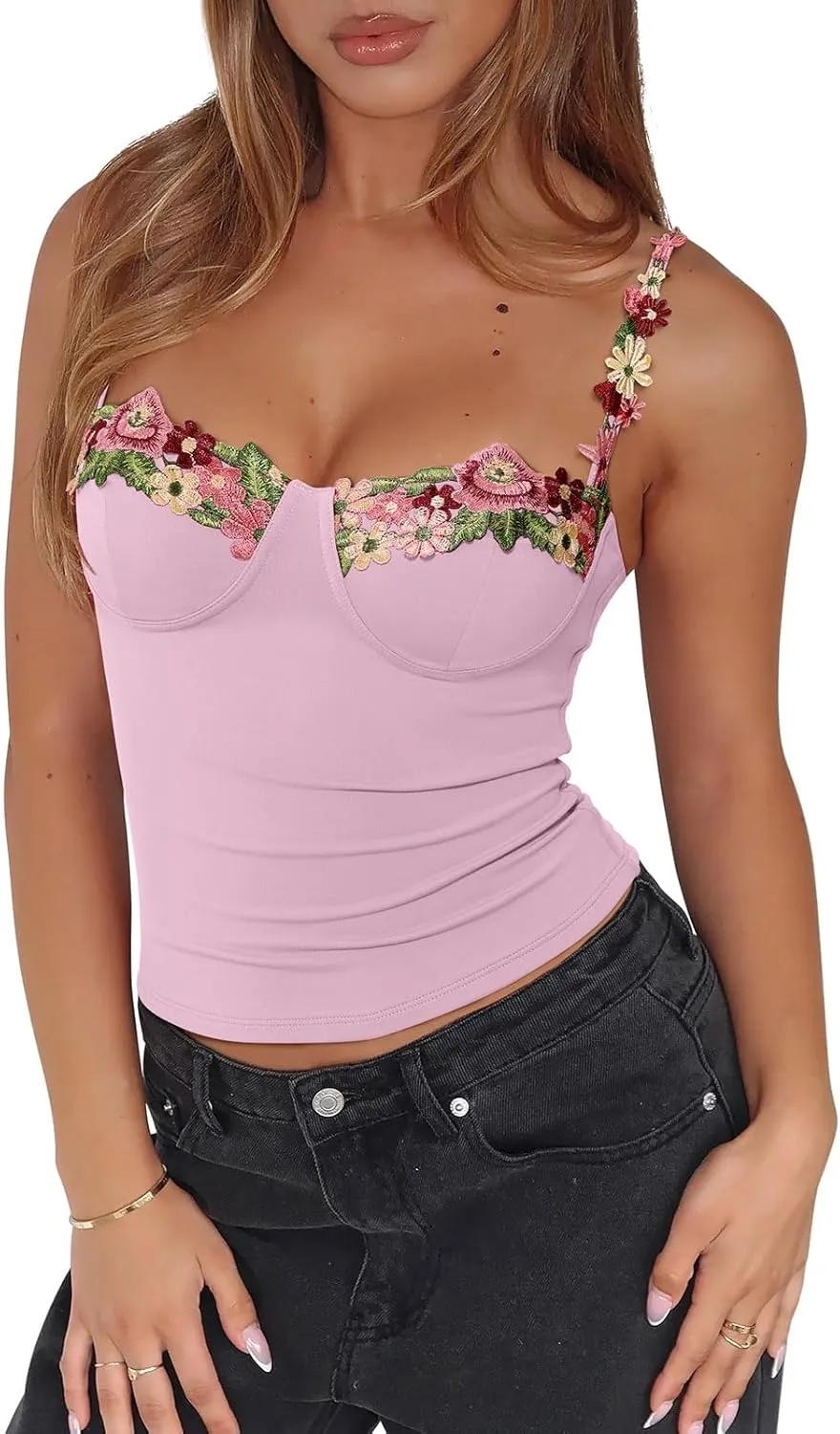 PINKMSTYLE Womens Sexy Floral Bustier Corset Tops Spaghetti Strap Tank Tops Y2K Going Out Tops