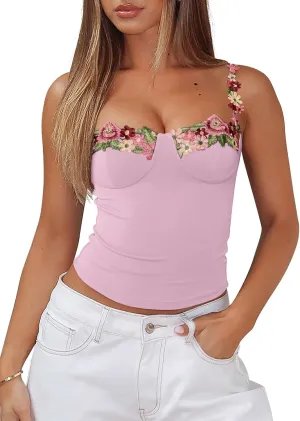 PINKMSTYLE Womens Sexy Floral Bustier Corset Tops Spaghetti Strap Tank Tops Y2K Going Out Tops