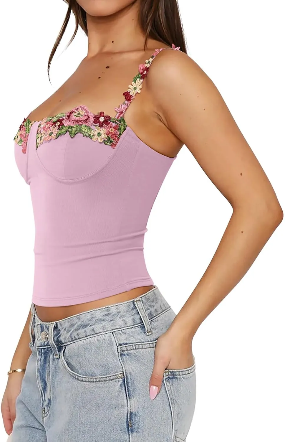 PINKMSTYLE Womens Sexy Floral Bustier Corset Tops Spaghetti Strap Tank Tops Y2K Going Out Tops