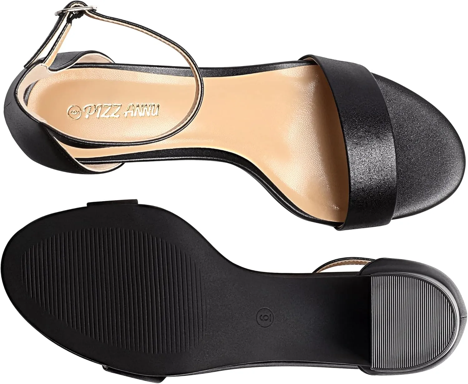 PIZZ ANNU Women's Open Toe Ankle Strap Low Block Chunky Heels Sandals Party Dress Pumps Shoes Strappy Buckle Sandals with 2.6" Tall Thick Heel Design