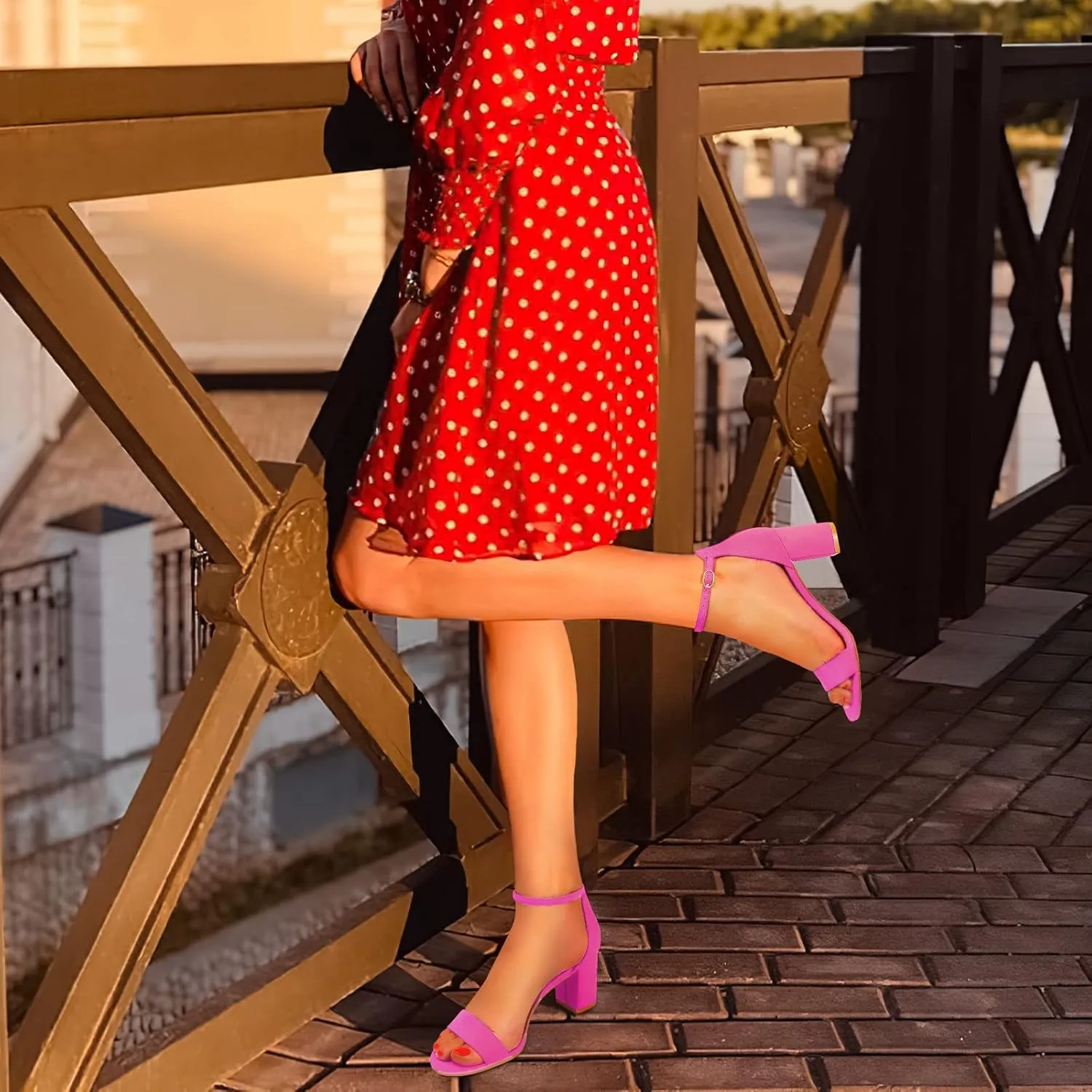 PIZZ ANNU Women's Open Toe Ankle Strap Low Block Chunky Heels Sandals Party Dress Pumps Shoes Strappy Buckle Sandals with 2.6" Tall Thick Heel Design