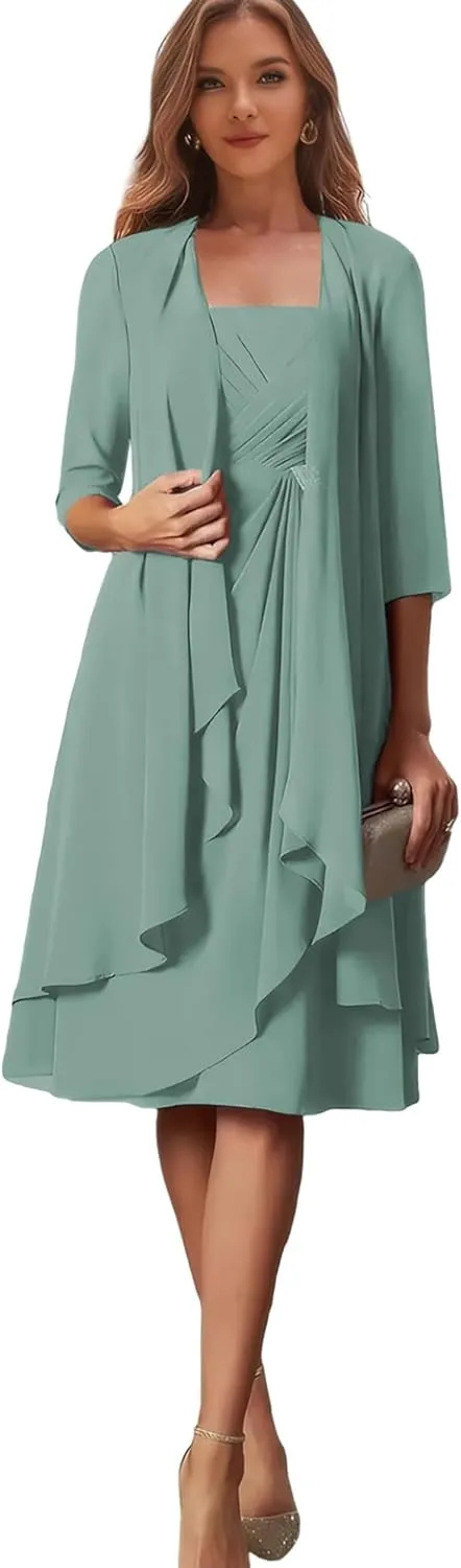 Plus Size Mother of The Groom Dress with Sleeves Chiffon Eucalyptus Formal Gowns and Evening Dresses US 26
