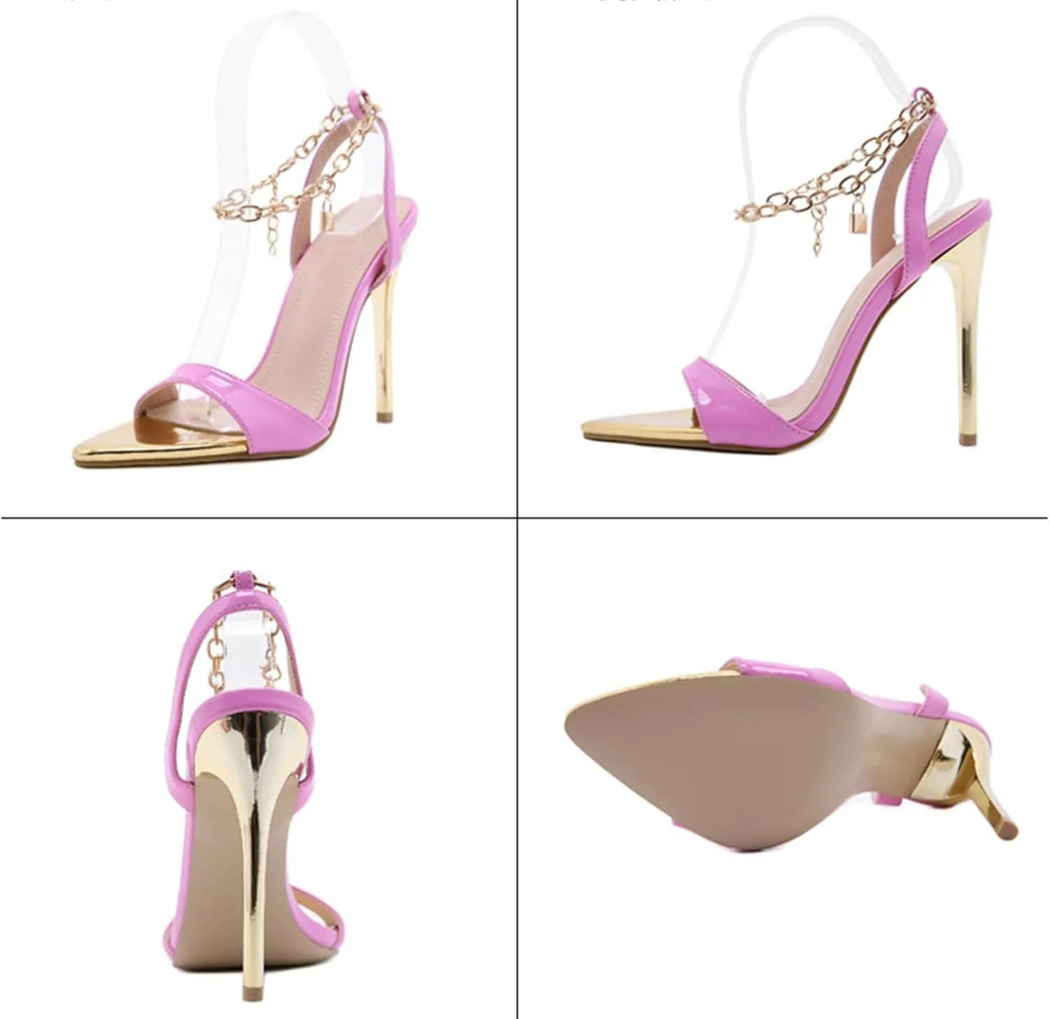Pointed Toe Chain Lace Up High Heeled Sandals Open Toe Stiletto Ankle Strap Pump Dress Party Shoes Fashionable Anti Slip Orthotic Heels Shoes