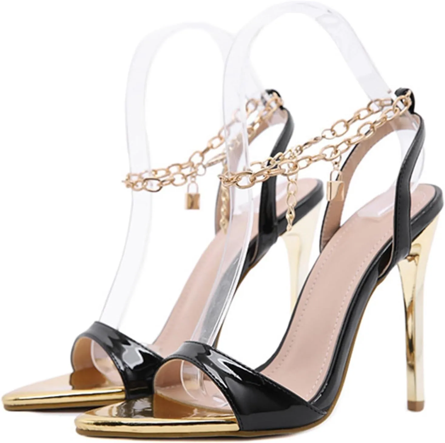 Pointed Toe Chain Lace Up High Heeled Sandals Open Toe Stiletto Ankle Strap Pump Dress Party Shoes Fashionable Anti Slip Orthotic Heels Shoes