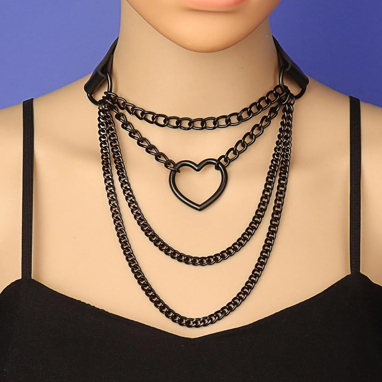 PU Leather Punk Choker Necklaces Vintage Love Heart Collar Chain Necklaces Adjustable Collar Cosplay Costume