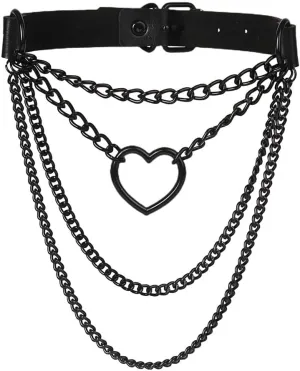 PU Leather Punk Choker Necklaces Vintage Love Heart Collar Chain Necklaces Adjustable Collar Cosplay Costume