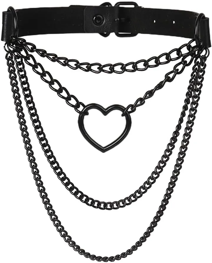 PU Leather Punk Choker Necklaces Vintage Love Heart Collar Chain Necklaces Adjustable Collar Cosplay Costume