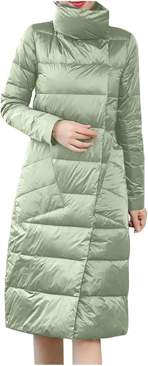 Puffer Jacket Womens Long Lightweight Winter Warm down Coat Button down Casual Fashion Comfy Windproof Quilted Jacket