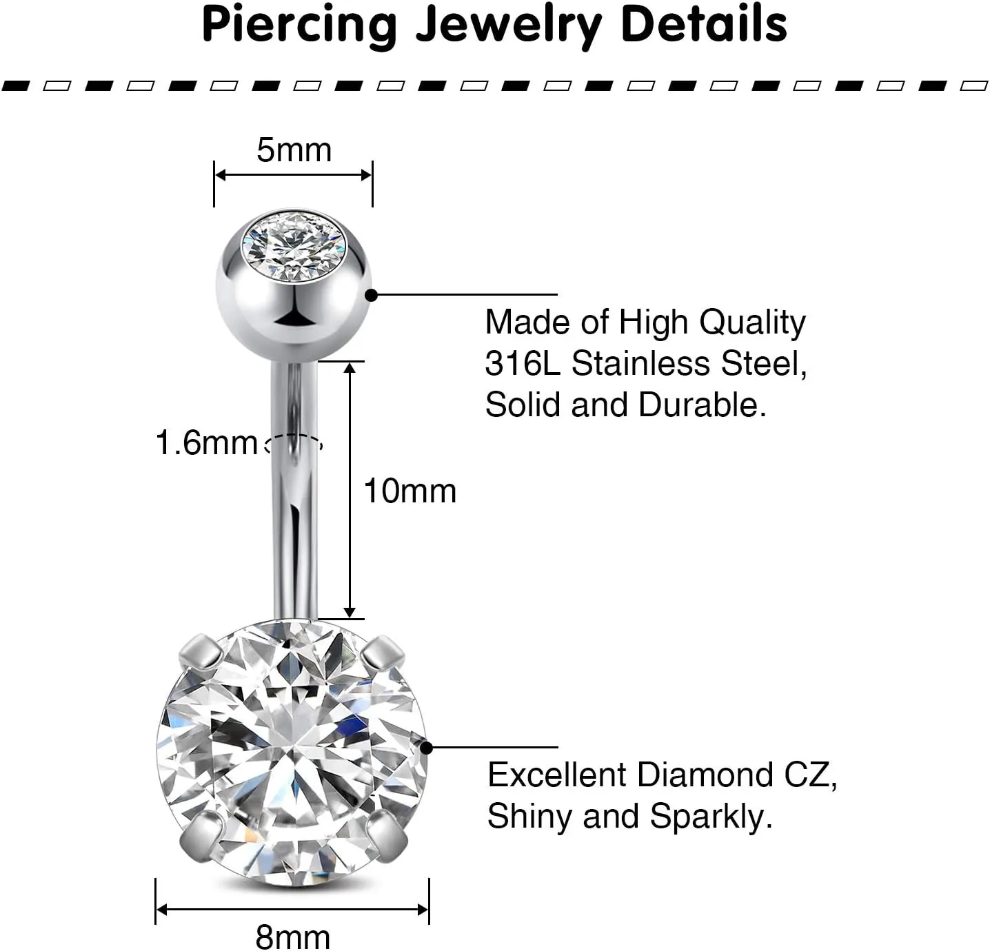 QWALIT Belly Button Rings 14G Surgical Steel Belly Rings CZ Opal Navel Piercing Jewelry for Women Girls 3/8" 10mm Silver Rose Gold