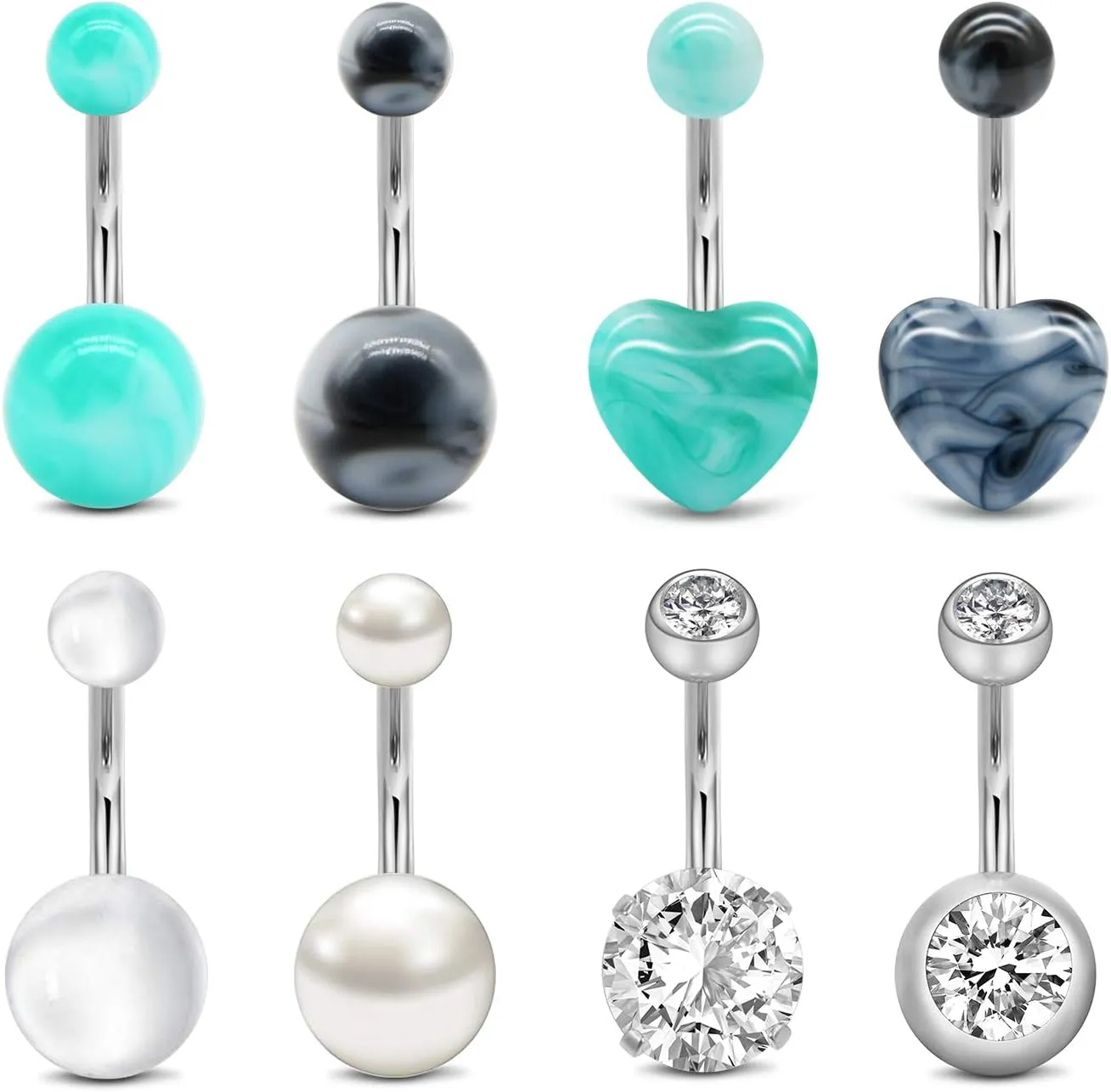 QWALIT Belly Button Rings 14G Surgical Steel Belly Rings CZ Opal Navel Piercing Jewelry for Women Girls 3/8" 10mm Silver Rose Gold