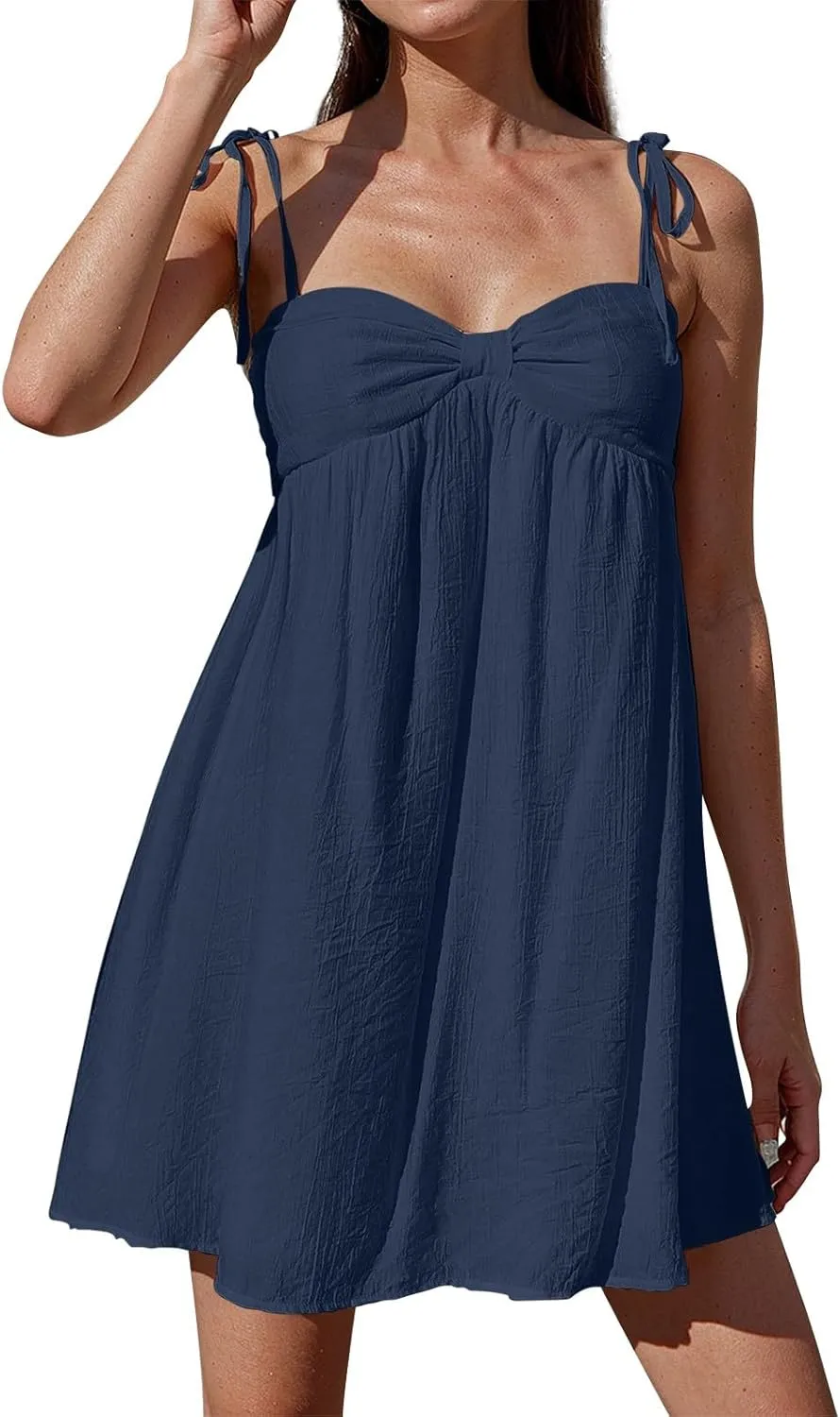Resort Dresses for Women 2025 Vacation Beach Spaghetti Strap Mini Sundress Summer Cute A Line Ruffle Babydoll Dress