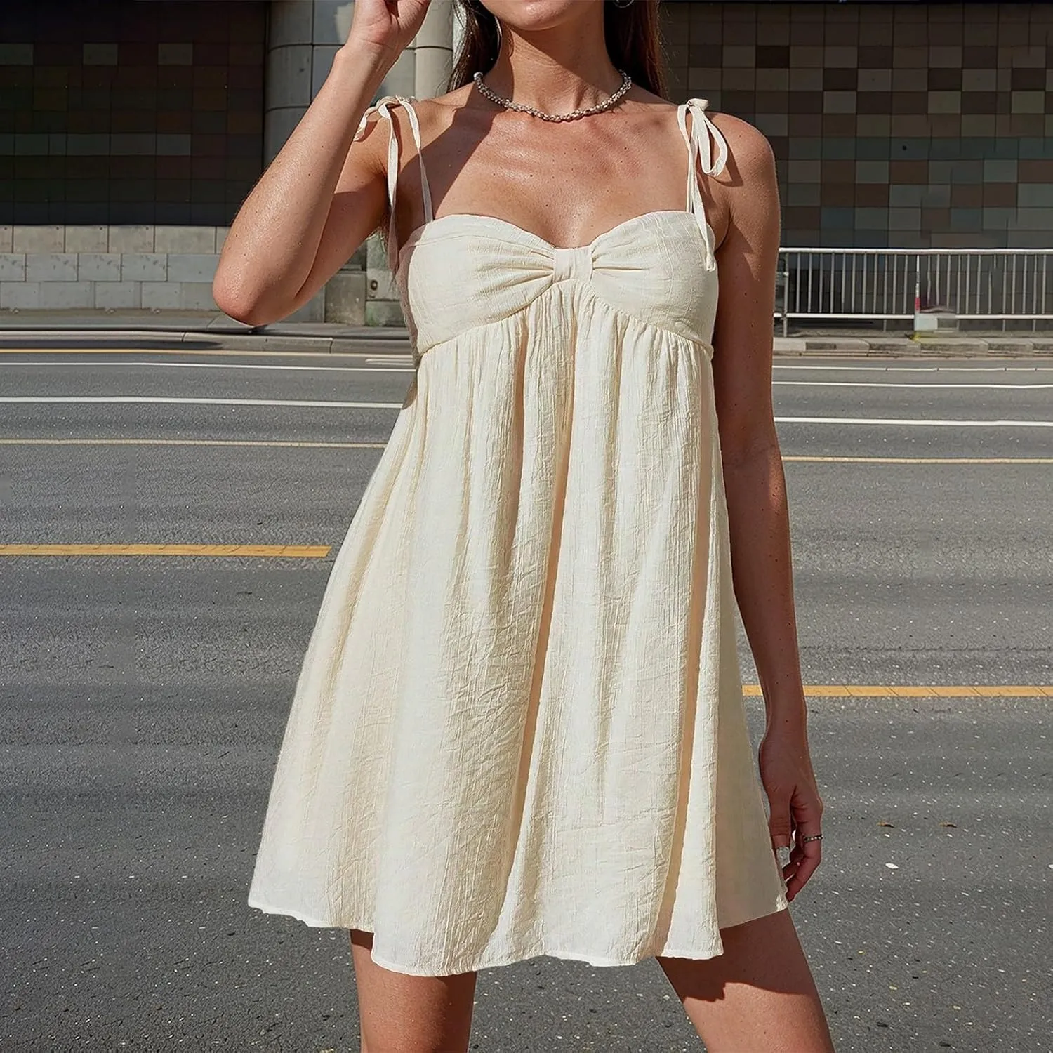 Resort Dresses for Women 2025 Vacation Beach Spaghetti Strap Mini Sundress Summer Cute A Line Ruffle Babydoll Dress