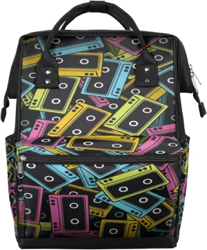 Retro Music Tape Diaper Bag Tote Large Capacity Waterproof with Adjustable Shoulder Strap and Pram Straps Mommy Bag for Hospital Beach Weekender Travel
