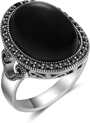 Retro Vintage Cocktail Statement Ring Black Marcasite & Crystal Rings for Women Antique Silver Big Black Onyx Stone Ring