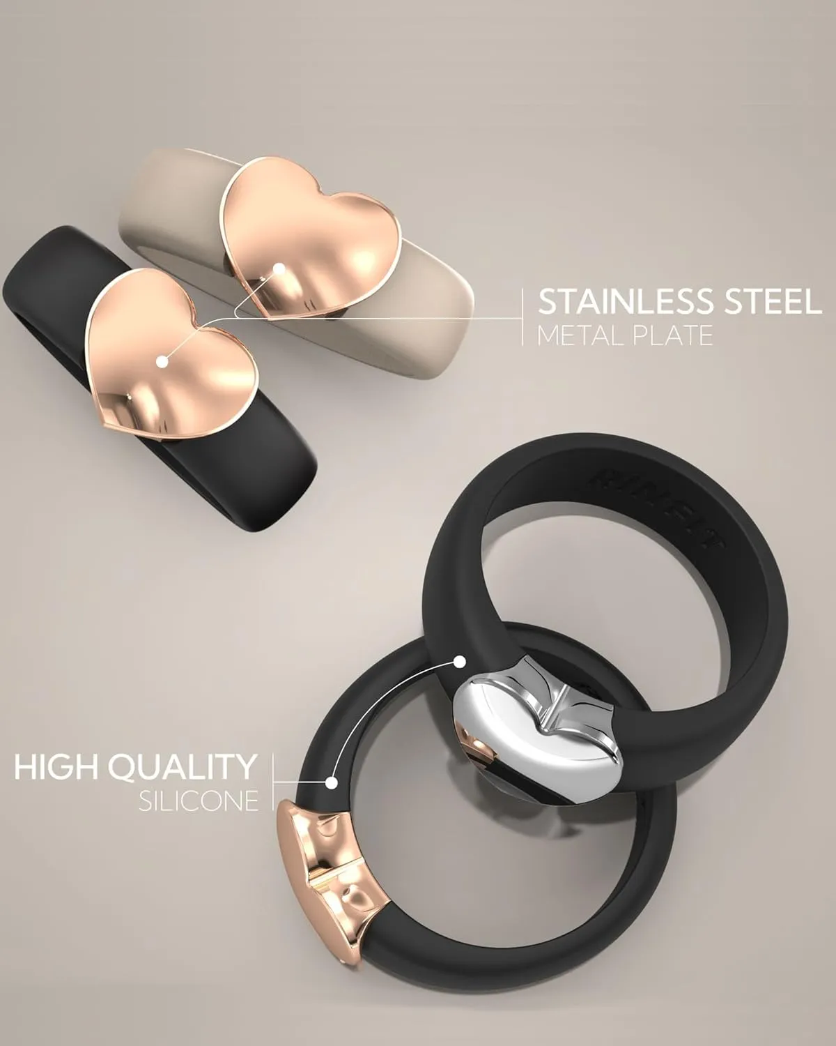 Rinfit Womens Silicone Wedding Ring with Stainless Steel Heart - Silicone Engagement Ring for Women - Heart Collection - U.S. Design Patent Pending