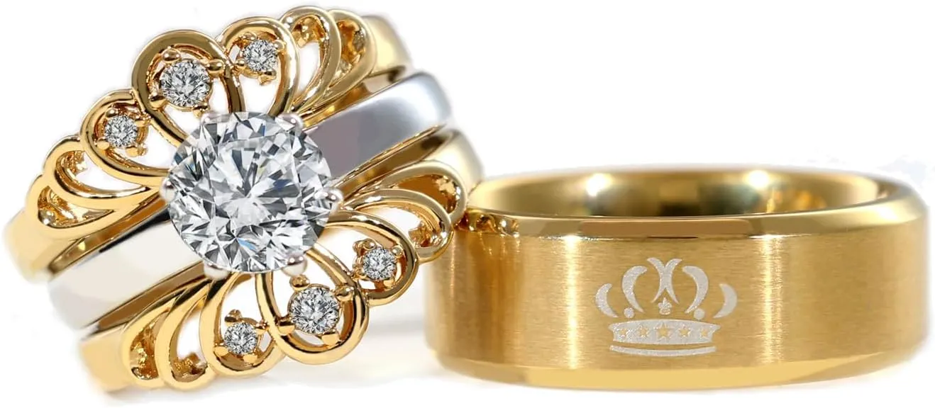 ringheart Couple Rings Black Matching Rings Crown Ring Women Wedding Ring Sets for Him and Her