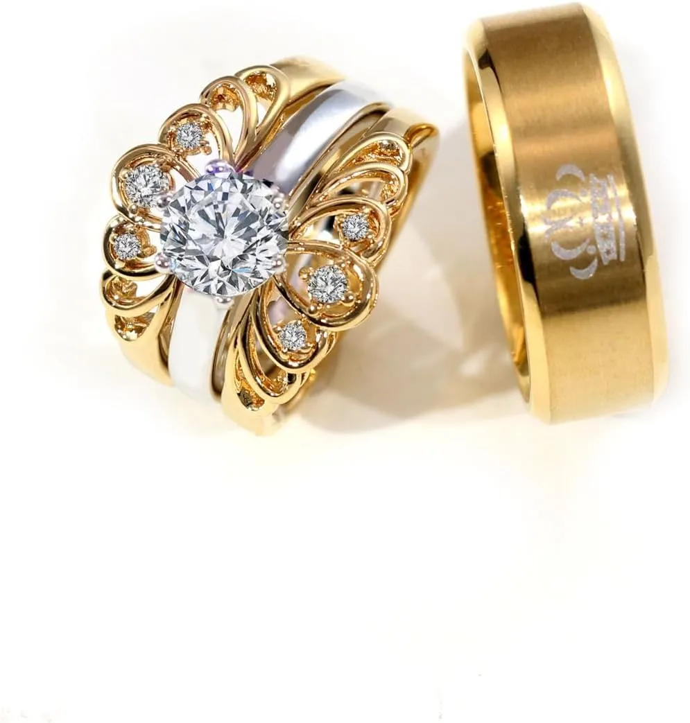 ringheart Couple Rings Black Matching Rings Crown Ring Women Wedding Ring Sets for Him and Her