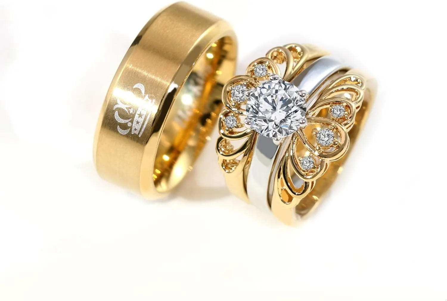 ringheart Couple Rings Black Matching Rings Crown Ring Women Wedding Ring Sets for Him and Her
