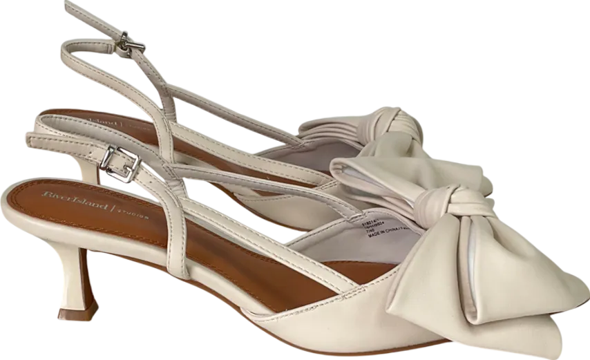 River Island Cream Raffia Sling Back Bow Heeled Court Shoes UK 7 EU 40 