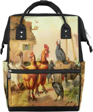 Rooster Old Print Vintage Hens Diaper Bag Tote Large Capacity Waterproof with Adjustable Shoulder Strap and Pram Straps Mommy Bag for Hospital Beach Weekender Travel
