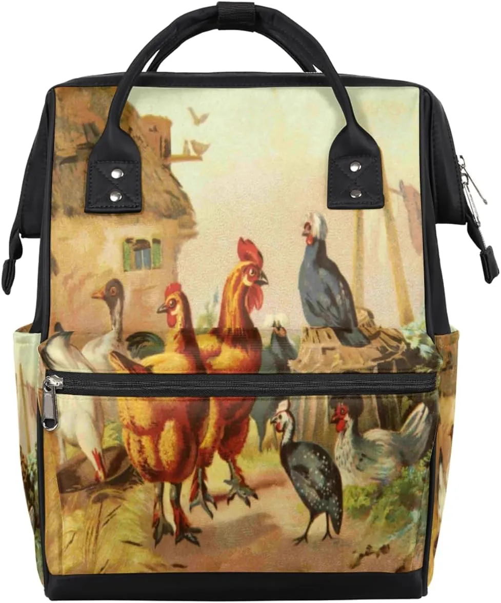 Rooster Old Print Vintage Hens Diaper Bag Tote Large Capacity Waterproof with Adjustable Shoulder Strap and Pram Straps Mommy Bag for Hospital Beach Weekender Travel