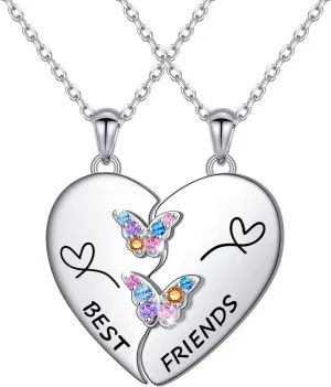 S925 Sterling Silver Best Friends Necklaces Matching Heart Friendship Necklaces for 2 BFF Gifts Jewelry Set