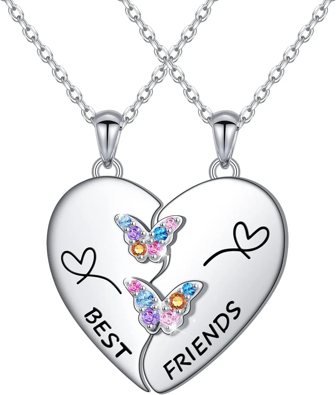 S925 Sterling Silver Best Friends Necklaces Matching Heart Friendship Necklaces for 2 BFF Gifts Jewelry Set